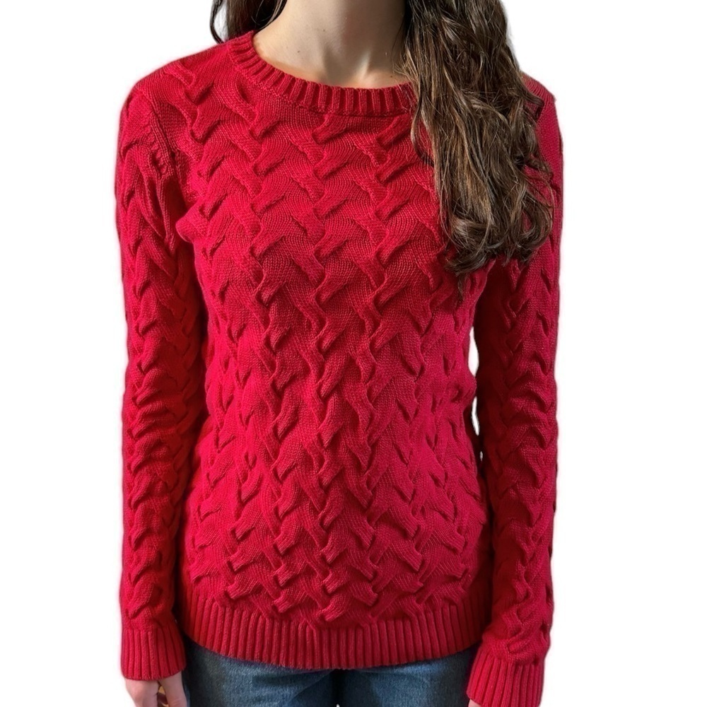 Lands End Cable Knit Sweater 100% Cotton Red Women’s XS